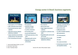 Energy sector in Brazil: business segments
Free Clients

Distribution

Transmission

Consumption 14.770 MWavg
 Cons mption of 14 770 MWa g

 64 companies

 68 companies

 (26% of Brazilian total market)

 448 TWh of energy

 68% private sector

 Conventional sources: above
3,000 kW
 Alternative sources: between
500 kW and 3,000 kW
 Large consumers can purchase
energy directly from generators
 Free contracting environment

distributed in 2012
 72 million consumers
 67% private sector
 Annual tariff adjustment
 Tariff reset every four or five

 High voltage transmission
(>230 kV)
 103,362 km in extension lines
(SIN¹)
 Regulated public service with

 13 groups controlling 76% of
total installed capacity
 22% private sector
 2,809 power plants
 121 GW of installed capacity³
 66% hydroelectric
 27% thermoelectric

free access

years
 Regulated public service
 Regulated contracting

 Regulated tariff (annually
adjusted by inflation)

environment

 3% SHPP²
 2% wind
 2% nuclear and others
 Contracting environment – free

1 - Interconnected National System, as of 2011

and regulated markets

2 - Small Hydro Power Plants
3 - Aneel Fiscalization Report

Generation

Sources: EPE, Aneel, ONS and Banks’ reports

48

 