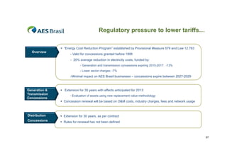 Regulatory pressure to lower tariffs…
 “Energy Cost Reduction Program” established by Provisional Measure 579 and Law 12.783
Overview

- Valid for concessions granted before 1995
- 20% average reduction in electricity costs, funded by:
- Generation and transmission concessions expiring 2015-2017: -13%
7%
- Lower sector charges: -7%

-Minimal impact on AES Brasil businesses – concessions expire between 2027-2029

Generation &
Transmission
Concessions

 Extension for 30 years with effects anticipated for 2013:

Distribution

 Extension for 30 years, as per contract

Concessions

 Rules for renewal has not been defined

- Evaluation of assets using new replacement value methodology

 Concession renewal will be based on O&M costs, industry charges, fees and network usage

57

 
