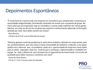 Depoimentos Espontâneos
• “É muito bom ter a parceria de uma empresa em consultoria que compreenda e transcreva as
  necessidades diagnosticadas, formatando conteúdos de acordo com a proposta do grupo. No
  início achei que era impossível, hoje os resultados e sucesso estão implícitos em nossos gestos.
  Adriano, em cada um de nós há um gesto que exprime o conhecimento adquirido na formação
  aplicada por você. Seus ideais somam aos nossos.”
   Vânia Munhoz
   ( Diretora da EE Prof. Juvenal Machado de Araújo)


• “Adriano, gostaria muito de parabenizá-lo pelo ótimo trabalho realizado em nossa escola, pelo
  seu profissionalismo que veio somar à nossa necessidade de melhorar a cada dia, o seu apoio
  ajudou-nos a observar que um problema pode ser a oportunidade de traçarmos novas ações
  para as metas esperadas. Você nos mostrou que a confiança, a determinação e o trabalho em
  equipe faz todo o diferencial para alcançarmos as expectativas de nossa escola :Um ensino de
  qualidade para todos! Sucesso e contamos com você!”
   Silvana de Paula Oliveira
   ( PC da E. E. Prof. Francisco Lopes de Azevedo)
 