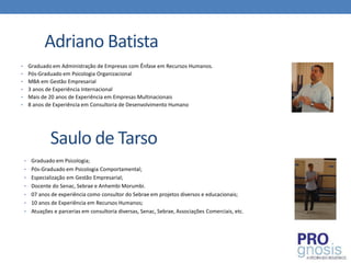 Adriano Batista
•       Graduado em Administração de Empresas com Ênfase em Recursos Humanos.
•       Pós-Graduado em Psicologia Organizacional
•       MBA em Gestão Empresarial
•       3 anos de Experiência Internacional
•       Mais de 20 anos de Experiência em Empresas Multinacionais
•       8 anos de Experiência em Consultoria de Desenvolvimento Humano




                Saulo de Tarso
    •    Graduado em Psicologia;
    •    Pós-Graduado em Psicologia Comportamental;
    •    Especialização em Gestão Empresarial;
    •    Docente do Senac, Sebrae e Anhembi Morumbi.
    •    07 anos de experiência como consultor do Sebrae em projetos diversos e educacionais;
    •    10 anos de Experiência em Recursos Humanos;
    •    Atuações e parcerias em consultoria diversas, Senac, Sebrae, Associações Comerciais, etc.
 