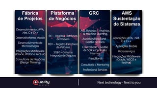 AMS
Sustentação
de Sistemas
Aplicações JAVA, .Net,
C e C++
Aplicações Mobile
Microsserviços
Integrações Middleware
(Oracle, WSO2 e
RedHat)
Fábrica
de Projetos
Plataforma
de Negócios
Desenvolvimento JAVA,
.Net, C e C++
Desenvolvimento Mobile
Desenvolvimento de
Microsserviços
Integrações Middleware
(Oracle, WSO2 e RedHat)
Consultoria de Negócios
(Design Thinking)
REI – Registro Eletrônico
de Imóveis
REV – Registro Eletrônico
de Veículos
SISEG – Sistema
Integrado de Seguros
GRC
ACL Robotics - Analytics
& Machine Learning
AuditBondRiskBond -
Gestão de Risco
ControlBond - Gestão
de SOX e Controles
Internos
FraudBond
Consultoria / Mentoring
Professional Services
 