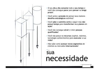 necessidade
sua
▪  O seu dia a dia consome todo o seu tempo e
você não consegue parar para pensar no longo
prazo?
▪  Você sente a pressão de pensar seus maiores
desafios estratégicos sozinhos?
▪  Você sabe o caminho certo a seguir mas não
possui tempo para transformar seus planos em
ação?
▪  Você não consegue atrair e reter pessoas
qualificadas?
▪  Você não possui os recursos (capital, talentos,
tecnologia conhecimento) para executar a sua
visão?
▪  Não sabe como acessar novos segmentos de
clientes ou mercados internacionais?
▪  …
 