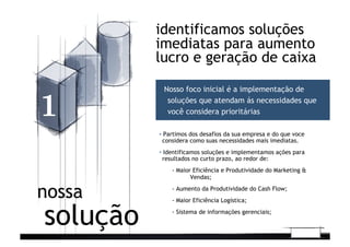 identificamos soluções
imediatas para aumento
lucro e geração de caixa
▪  Partimos dos desafios da sua empresa e do que voce
considera como suas necessidades mais imediatas.
▪  Identificamos soluções e implementamos ações para
resultados no curto prazo, ao redor de:
- Maior Eficiência e Produtividade do Marketing &
Vendas;
- Aumento da Produtividade do Cash Flow;
- Maior Eficiência Logística;
- Sistema de informações gerenciais;
solução
nossa
1
Nosso foco inicial é a implementação de
soluções que atendam ás necessidades que
você considera prioritárias
 