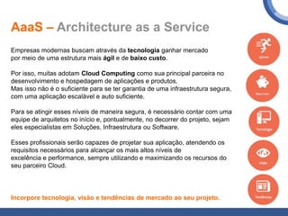 AaaS – Architecture as a Service
Empresas modernas buscam através da tecnologia ganhar mercado
por meio de uma estrutura mais ágil e de baixo custo.
Por isso, muitas adotam Cloud Computing como sua principal parceira no
desenvolvimento e hospedagem de aplicações e produtos.
Mas isso não é o suficiente para se ter garantia de uma infraestrutura segura,
com uma aplicação escalável e auto suficiente.
Para se atingir esses níveis de maneira segura, é necessário contar com uma
equipe de arquitetos no início e, pontualmente, no decorrer do projeto, sejam
eles especialistas em Soluções, Infraestrutura ou Software.
Esses profissionais serão capazes de projetar sua aplicação, atendendo os
requisitos necessários para alcançar os mais altos níveis de
excelência e performance, sempre utilizando e maximizando os recursos do
seu parceiro Cloud.
Incorpore tecnologia, visão e tendências de mercado ao seu projeto.
 