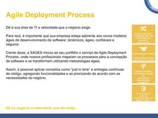 Agile Deployment Process
Dê à sua área de TI a velocidade que o negócio exige.
Para isso, é importante que sua empresa esteja aderente aos novos modelos
ágeis de desenvolvimento de software: dinâmicos, ágeis, confiáveis e
seguros.
Ciente disso, a SAGES incluiu ao seu portfólio o serviço de Agile Deployment
Process, onde nossos profissionais mapeiam os processos para a concepção
de software e os transformam utilizando metodologias ágeis.
Assim, é possível aplicar conceitos como “just in time” e entregas contínuas
de código, agregando funcionalidades e as priorizando de acordo com as
necessidades do negócio.
Dê ao negócio a velocidade que ele exige.
 