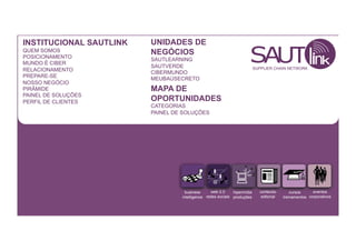 INSTITUCIONAL SAUTLINK UNIDADES DE
QUEM SOMOS
POSICIONAMENTO
NEGÓCIOS
SAUTLEARNING
MUNDO É CIBER
SAUTVERDE SUPPLIER CHAIN NETWORK
RELACIONAMENTO CIBERMUNDO
PREPARE-SE MEUBAÚSECRETO
NOSSO NEGÓCIO
PIRÂMIDE MAPA DE
PAINEL DE SOLUÇÕES
PERFIL DE CLIENTES OPORTUNIDADES
CATEGORIAS
PAINEL DE SOLUÇÕES
business web 2.0 hipermídia conteúdo cursos eventos
intelligence redes sociais produções editorial treinamentos corporativos
SUPPLIER CHAIN NETWORK