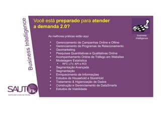 l l i g e n ce
Você está preparado para atender
a demanda 2.0?
As melhores práticas estão aqui business
e
intelligence
iness Int
• Gerenciamento de Campanhas Online e Ofline
• Gerenciamento de Programas de Relacionamento
• Geomarketing
• Pesquisas Quantitativas e Qualitativas Online
• Acompanhamento Online de Tráfego em Websites
• Modelagem Estatística
Bus
• RFV, LTV, KPI e ROI
• Segmentação Avançada
• Segmentação
• Enriquecimento de Informações
• Estudos de Household e StoreHold
• Tratamento & Higienização de Dados
• Construção e Gerenciamento de DataSmarts
• Estudos de Viabilidade
SUPPLIER CHAIN NETWORK