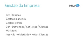 Gestão da	Empresa
Gerir	Pessoas
Gestão	Financeira
Gestão	Técnica
Gerir	Demandas	/	Contratos	/	Clientes
Marketing	
Inserção	no	Mercado	/	Novos	Clientes
 