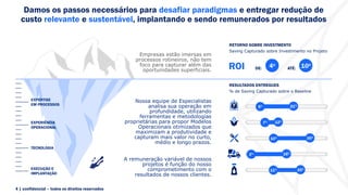 Damos os passos necessários para desafiar paradigmas e entregar redução de
custo relevante e sustentável, implantando e sendo remunerados por resultados
Nossa equipe de Especialistas
analisa sua operação em
profundidade, utilizando
ferramentas e metodologias
proprietárias para propor Modelos
Operacionais otimizados que
maximizam a produtividade e
capturam mais valor no curto,
médio e longo prazos.
A remuneração variável de nossos
projetos é função do nosso
comprometimento com o
resultados de nossos clientes.
Empresas estão imersas em
processos rotineiros, não tem
foco para capturar além das
oportunidades superficiais.
4 | confidencial – todos os direitos reservados
EXPERTISE
EM PROCESSOS
TECNOLOGIA
EXECUÇÃO E
IMPLANTAÇÃO
EXPERIÊNCIA
OPERACIONAL
RETORNO SOBRE INVESTMENTO
Saving Capturado sobre Investimento no Projeto
RESULTADOS ENTREGUES
% de Saving Capturado sobre o Baseline
4x 10x
DE: ATÉ:
6% 21%
7% 12%
10% 35%
2% 16%
11% 25%
ROI
 