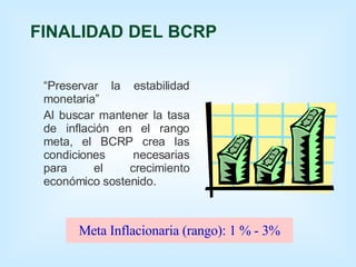 “ P reservar la estabilidad   monetaria ” Al buscar mantener la tasa de inflación en el rango meta, el BCRP crea las condiciones necesarias para el crecimiento económico sostenido. F INALIDAD DEL BCRP Meta Inflacionaria (rango): 1 % - 3% 