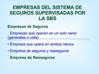 EMPRESAS DEL SISTEMA DE SEGUROS SUPERVISADAS POR LA SBS Empresas de Seguros Empresas que operan en un solo ramo (generales o vida) Empresa que opera en ambos ramos Empresa de seguros y reaseguros Empresa de Reaseguros 