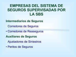 EMPRESAS DEL SISTEMA DE SEGUROS SUPERVISADAS POR LA SBS Intermediarios de Seguros Corredores de Seguros Corredores de Reaseguros Auxiliares de Seguros Ajustadores de Siniestros Peritos de Seguros 