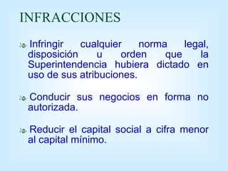 INFRACCIONES Infringir cualquier norma legal, disposición u orden que la Superintendencia hubiera dictado en uso de sus atribuciones. Conducir sus negocios en forma no autorizada. Reducir el capital social a cifra menor al capital mínimo. 