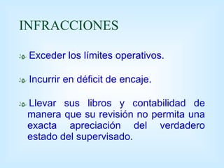 INFRACCIONES Exceder los límites operativos. Incurrir en déficit de encaje. Llevar sus libros y contabilidad de manera que su revisión no permita una exacta apreciación del verdadero estado del supervisado. 