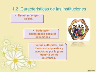 1.2 Características de las instituciones
• Tienen un origen
social.
• Satisfacen
necesidades sociales
especificas
• Pautas culturales , sus
ideas son expuestas y
aceptadas por la gran
mayoría de los
miembros.
 