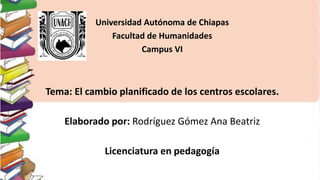Universidad Autónoma de Chiapas
Facultad de Humanidades
Campus VI
Tema: El cambio planificado de los centros escolares.
Elaborado por: Rodríguez Gómez Ana Beatriz
Licenciatura en pedagogía
 