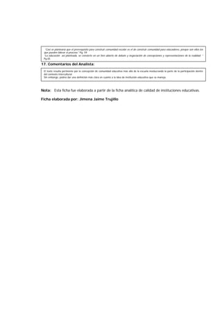 17. Comentarios del Analista:
Nota: Esta ficha fue elaborada a partir de la ficha analítica de calidad de instituciones educativas.
Ficha elaborada por: Jimena Jaime Trujillo
El texto resulta pertinente por la concepción de comunidad educativa más allá de la escuela involucrando la parte de la participación dentro
del contexto intercultural.
Sin embargo, podría dar una definición más clara en cuanto a la idea de institución educativa que se maneja.
“Casi se plantearía que el prerrequisito para construir comunidad escolar es el de construir comunidad para educadores, porque son ellos los
que pueden liderar el proceso.” Pg. 59
“La educación así planteada, se convierte en un foro abierto de debate y negociación de concepciones y representaciones de la realidad. “
Pg.65
 