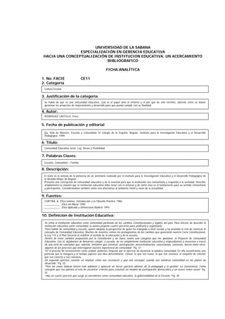 UNIVERSIDAD DE LA SABANA
ESPECIALIZACIÓN EN GERENCIA EDUCATIVA
HACIA UNA CONCEPTUALIZACIÓN DE INSTITUCION EDUCATIVA: UN ACERCAMIENTO
BIBLIOGRAFICO
FICHA ANALÍTICA
1. No. FACIE CE11
2. Categoría
3. Justificación de la categoría
4. Autor:
5. Fecha de publicación y editorial
6. Título:
7. Palabras Claves:
8. Descripción:
9. Fuentes:
10. Definición de Institución Educativa:
Cultura Escolar
RODRÍGUEZ CASTILLO, Irene
Comunidad Educativa serás: Ley, Deseo y Posibilidad
Escuela- Comunidad – Familia
El texto es la síntesis de la ponencia de un seminario realizado por el instituto para la Investigación Educativa y el Desarrollo Pedagógico de
la Alcaldía Mayor de Bogotá.
Presenta una concepción de comunidad educativa y de lo esencial para que la institución sea comunitaria y responda a la sociedad. Describe
ampliamente la relación que la Institución educativa debe tener con el entorno y de cómo ésta es el fundamento para su sentido comunitario
y participativo. Considerándose también como una alternativa al ambiente hostil y vacío de la actualidad.
CORTINA, A. Ética mínima. Introducción a la Filosofía Práctica. 1986
___________. Ética sin Moral. 1990
___________. Ética Aplicada y Democracia Radical. 1993
Se toma la institución educativa como comunidad partiendo de los cambios Constitucionales y legales del país. Para efectos de describir la
institución educativa como comunidad, la autora propone cuatro ejercicios para analizarla y organizarla.
“Para hablar de comunidad y escuela, quiero adoptar la perspectiva de quien ha trabajado a nivel escolar y ha asumido el reto de construir el
concepto de Comunidad Educativa. Muchos de nosotros somos los protagonistas de los cambios que generaron nuestra Carta Constitucional,
la Ley 115 y el Plan Decenal al redefinir el sentido de la educación y de la escuela.
Dentro de estos cambios propuestos por la Constitución y las leyes, existe una categoría que me apasiona: el Proyecto de Comunidad
Educativa. Con él, dejábamos de llamarnos colegio o escuela, de ser simplemente institución educativa y empezábamos a movernos a través
de una serie de conceptos que, además, teníamos que construir: participación, descentralización, concertación, consenso, fueron entre otros,
algunos de los procesos que interrogaron nuestra experiencia de comunidad.” Pg. 31
“En el proceso de reconocernos como unidad, podemos empezar por el ejercicio de desarmar la palabra comunidad. En ella encontramos una
partícula que la inaugura y al tiempo expresa una idea determinante: común, lo que nos reúne, lo que nos convoca, el conjunto de criterios
que nos conecta y nos relaciona.
Un segundo ejercicio consiste en analizar cómo nos reconocen y qué nos encargan cuando nos nombran comunidad en los planes de
desarrollo.” Pg. 32
“Pero las cosas todavía fueron más adelante y apareció un tercer ejercicio además de la pedagogía y la gestión: La Convivencia. Como
concepto que nos planteó el reto de encontrar criterios para construir un modelo de participación democrática y un nuevo orden social.” Pg.
33
“Hay un cuarto ejercicio que surge al concebirnos como comunidad educativa: la gobernabilidad de la Escuela.” Pg. 34
Se habla de qué es una comunidad educativa, cual es el papel ante el entorno y el por qué de este término, además como se deben
gestionar los proyectos de mejoramiento y desarrollo para que pueda cumplir con su finalidad.
En: Vida de Maestro; Escuela y Comunidad: El Colegio de la Esquina. Bogotá: Instituto para la investigación Educativa y el Desarrollo
Pedagógico. 1999
 