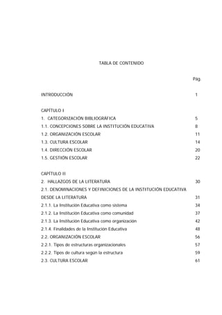 TABLA DE CONTENIDO
Pág.
INTRODUCCIÓN 1
CAPÍTULO I
1. CATEGORIZACIÓN BIBLIOGRÁFICA 5
1.1. CONCEPCIONES SOBRE LA INSTITUCIÓN EDUCATIVA 8
1.2. ORGANIZACIÓN ESCOLAR 11
1.3. CULTURA ESCOLAR 14
1.4. DIRECCIÓN ESCOLAR 20
1.5. GESTIÓN ESCOLAR 22
CAPÍTULO II
2. HALLAZGOS DE LA LITERATURA 30
2.1. DENOMINACIONES Y DEFINICIONES DE LA INSTITUCIÓN EDUCATIVA
DESDE LA LITERATURA 31
2.1.1. La Institución Educativa como sistema 34
2.1.2. La Institución Educativa como comunidad 37
2.1.3. La Institución Educativa como organización 42
2.1.4. Finalidades de la Institución Educativa 48
2.2. ORGANIZACIÓN ESCOLAR 56
2.2.1. Tipos de estructuras organizacionales 57
2.2.2. Tipos de cultura según la estructura 59
2.3. CULTURA ESCOLAR 61
 