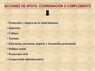 ACCIONES DE APOYO, COORDINACIÓN O COMPLEMENTO
• Protección y mejora de la salud humana
• Industria
• Cultura
• Turismo
• Educación, juventud, deporte y formación profesional
• Política social
• Protección civil
• Cooperación administrativa
 