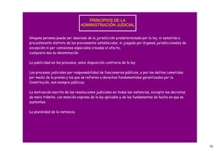 PRINCIPIOS DE LA 
                                 ADMINISTRACIÓN JUDICIAL


Ninguna persona puede ser desviada de la jurisdicción predeterminada por la ley, ni sometida a
procedimiento distinto de los previamente establecidos, ni juzgada por órganos jurisdiccionales de
excepción ni por comisiones especiales creadas al efecto,
cualquiera sea su denominación.

La publicidad en los procesos, salvo disposición contraria de la ley.

Los procesos judiciales por responsabilidad de funcionarios públicos, y por los delitos cometidos
por medio de la prensa y los que se refieren a derechos fundamentales garantizados por la
Constitución, son siempre públicos.

La motivación escrita de las resoluciones judiciales en todas las instancias, excepto los decretos
de mero trámite, con mención expresa de la ley aplicable y de los fundamentos de hecho en que se
sustentan.

La pluralidad de la instancia.




                                                                                                     10
 