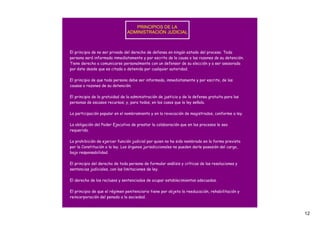 PRINCIPIOS DE LA 
                                ADMINISTRACIÓN JUDICIAL



El principio de no ser privado del derecho de defensa en ningún estado del proceso. Toda
persona será informada inmediatamente y por escrito de la causa o las razones de su detención.
Tiene derecho a comunicarse personalmente con un defensor de su elección y a ser asesorada
por éste desde que es citada o detenida por cualquier autoridad.

El principio de que toda persona debe ser informada, inmediatamente y por escrito, de las
causas o razones de su detención.

El principio de la gratuidad de la administración de justicia y de la defensa gratuita para las
personas de escasos recursos; y, para todos, en los casos que la ley señala.

La participación popular en el nombramiento y en la revocación de magistrados, conforme a ley.

La obligación del Poder Ejecutivo de prestar la colaboración que en los procesos le sea
requerida.

La prohibición de ejercer función judicial por quien no ha sido nombrado en la forma prevista
por la Constitución o la ley. Los órganos jurisdiccionales no pueden darle posesión del cargo,
bajo responsabilidad.

El principio del derecho de toda persona de formular análisis y críticas de las resoluciones y
sentencias judiciales, con las limitaciones de ley.

El derecho de los reclusos y sentenciados de ocupar establecimientos adecuados.

El principio de que el régimen penitenciario tiene por objeto la reeducación, rehabilitación y
reincorporación del penado a la sociedad.



                                                                                                  12
 