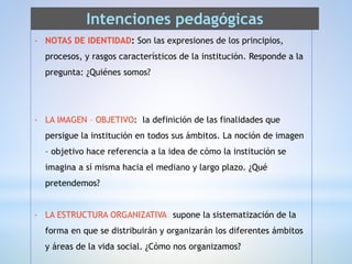 Intenciones pedagógicas
- NOTAS DE IDENTIDAD: Son las expresiones de los principios,
procesos, y rasgos característicos de la institución. Responde a la
pregunta: ¿Quiénes somos?
- LA IMAGEN – OBJETIVO: la definición de las finalidades que
persigue la institución en todos sus ámbitos. La noción de imagen
– objetivo hace referencia a la idea de cómo la institución se
imagina a sí misma hacia el mediano y largo plazo. ¿Qué
pretendemos?
- LA ESTRUCTURA ORGANIZATIVA: supone la sistematización de la
forma en que se distribuirán y organizarán los diferentes ámbitos
y áreas de la vida social. ¿Cómo nos organizamos?
 