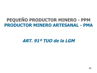 PEQUEÑO PRODUCTOR MINERO - PPM
PRODUCTOR MINERO ARTESANAL - PMA


      ART. 91º TUO de la LGM




                               68
 