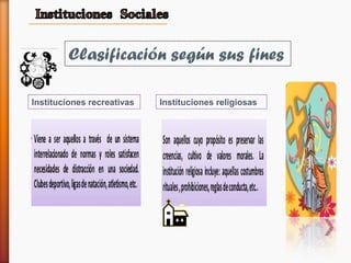 Instituciones recreativas Instituciones religiosas
 