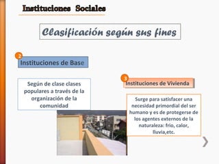 Instituciones de Base
Según de clase clases
populares a través de la
organización de la
comunidad
Instituciones de ViviendaInstituciones de Vivienda
Surge para satisfacer una
necesidad primordial del ser
humano y es de protegerse de
los agentes externos de la
naturaleza: frio, calor,
lluvia,etc.
2
3
 