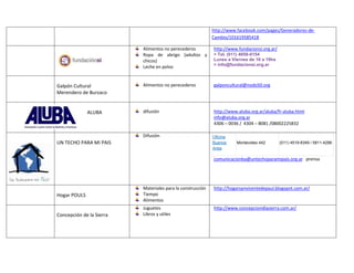 http://www.facebook.com/pages/Generadores-de-
                                                            Cambio/101619585418

                          Alimentos no perecederos          http://www.fundacionsi.org.ar/
                          Ropa de abrigo (adultos y         > Tel. (011) 4858-0154
                          chicos)                           Lunes a Viernes de 10 a 19hs
                                                            > info@fundacionsi.org.ar
                          Leche en polvo


Galpón Cultural           Alimentos no perecederos          galponcultural@nodo50.org
Merendero de Burzaco


              ALUBA       difusión                          http://www.aluba.org.ar/aluba/fr-aluba.html
                                                            info@aluba.org.ar
                                                            4306 – 0036 / 4304 – 8081 /08002225832

                          Difusión                          Oficina
UN TECHO PARA MI PAIS                                       Buenos    Montevideo 442         (011) 4519-8349 / 5811-4296
                                                            Aries

                                                            comunicacionba@untechoparamipais.org.ar prensa




                          Materiales para la construcción   http://hogarsanvicentedepaul.blogspot.com.ar/
Hogar POULS               Tiempo
                          Alimentos
                          Juguetes                          http://www.concepciondlasierra.com.ar/
Concepción de la Sierra   Libros y utiles
 