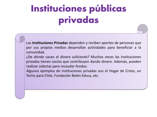 Instituciones públicas
privadas
Las Instituciones Privadas dependen y reciben aportes de personas que
por sus propios medios desarrollan actividades para beneficiar a la
comunidad.
¿De dónde sacan el dinero suficiente? Muchas veces las instituciones
privadas tienen socios que contribuyen dando dinero. Además, pueden
realizar colectas para recaudar fondos.
Algunos ejemplos de instituciones privadas son el Hogar de Cristo, un
Techo para Chile, Fundación Belén Educa, etc.
 