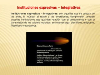 Instituciones expresivas – integrativas: son aquellas que se ocupan de
las artes, la música, el teatro y las diversiones; comprenden también
aquellas instituciones que guardan relación con el pensamiento y con la
transmisión de los valores recibidos, se incluyen aquí científicos, religiosos,
filosóficos y educativos.
Instituciones expresivas – integrativas
 