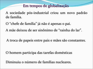 Em tempos de globalização A sociedade pós-industrial criou um novo padrão de família. O “chefe de família” já não é apenas o pai. A mãe deixou de ser sinônimo de “rainha do lar”. A troca de papeis entre pais e mães são constantes. O homem participa das tarefas domésticas Diminuiu o número de famílias nucleares. 