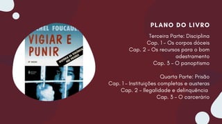 PLANO DO LIVRO
Terceira Parte: Disciplina
Cap. 1 – Os corpos dóceis
Cap. 2 – Os recursos para o bom
adestramento
Cap. 3 – O panoptismo
Quarta Parte: Prisão
Cap. 1 – Instituições completas e austeras
Cap. 2 – Ilegalidade e delinquência
Cap. 3 – O carcerário
 