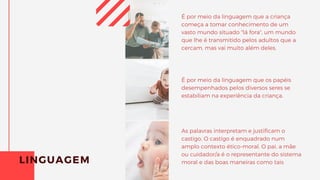 LINGUAGEM
É por meio da linguagem que a criança
começa a tomar conhecimento de um
vasto mundo situado "lá fora", um mundo
que lhe é transmitido pelos adultos que a
cercam, mas vai muito além deles.
É por meio da linguagem que os papéis
desempenhados pelos diversos seres se
estabiliam na experiência da criança.
As palavras interpretam e justificam o
castigo. O castigo é enquadrado num
amplo contexto ético-moral. O pai, a mãe
ou cuidador/a é o representante do sistema
moral e das boas maneiras como tais
 