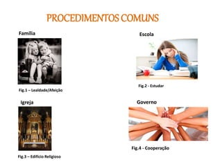 PROCEDIMENTOS COMUNS
Família Escola
Igreja Governo
Fig.1 – Lealdade/Afeição
Fig.2 - Estudar
Fig.3 – Edifício Religioso
Fig.4 - Cooperação
 