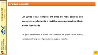 22
Grupos sociais
Um grupo social consiste em duas ou mais pessoas que
interagem regularmente e partilham um sentido de unidade
e uma identidade.
Em geral, pertencemos a muitos tipos diferentes de grupos sociais: família;
equipa desportiva; grupo religioso; turma; grupo de trabalho…
 