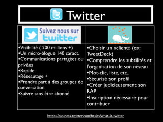 Twitter

•Visibilité ( 200 millions +)          •Choisir un «client» (ex:
•Un micro-blogue 140 caract.   TweetDeck)
•Communications partagées ou   •Comprendre les subtilités et
privées                        l’organisation de son réseau
•Rapide                        •Mot-clic, liste, etc..
•Réseautage +                  •Sécurisé son proﬁl
•Prendre part à des groupes de •Créer judicieusement son
conversation
• Suivre sans être abonné      RAP
                               •Inscription nécessaire pour
                               contribuer

             https://business.twitter.com/basics/what-is-twitter
 