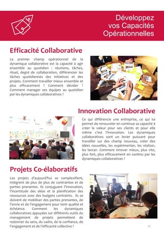 12
Efficacité Collaborative
Innovation Collaborative
Le premier champ opérationnel de la
dynamique collaborative est la capacité à agir
ensemble au quotidien : réunions, tâches,
rituel, degré de collaboration, différencier les
tâches quotidiennes des initiatives et des
projets. Comment travailler mieux ensemble et
plus efficacement ? Comment décider ?
Comment manager ses équipes au quotidien
par les dynamiques collaboratives ?
Ce qui différencie une entreprise, ce qui lui
permet de renouveler en continue sa capacité à
créer la valeur pour ses clients et pour elle
même c’est l’innovation. Les dynamiques
collaboratives sont un levier puissant pour
travailler sur des champ nouveau, créer des
idées nouvelles, les expérimenter, les réaliser,
les lancer. Comment innover mieux, plus vite,
plus fort, plus efficacement en continu par les
dynamiques collaboratives ?
Projets Co-élaboratifs
Les projets d’aujourd’hui se complexifient,
intègrent de plus de plus de contraintes et de
parties prenantes. Ils conjuguent l’innovation,
l’incertitude des aléas et la planification des
ressources avec des budgets contraints. Ils se
doivent de mobiliser des parties prenantes, de
l’envie et de l’engagement pour tenir qualité et
échéance. Comment les dynamiques
collaboratives appuyées sur différents outils du
management de projets permettent de
redonner du sens, du cadre, de la confiance, de
l’engagement et de l’efficacité collective ?
Développez
vos Capacités
Opérationnelles
 