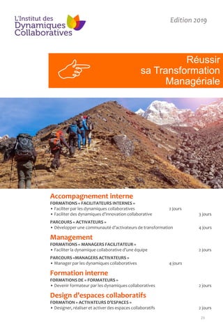 Réussir
sa Transformation
Managériale
Edition 2019
Accompagnement interne
FORMATIONS « FACILITATEURS INTERNES »
• Faciliter par les dynamiques collaboratives 2 jours
• Faciliter des dynamiques d’innovation collaborative 3 jours
PARCOURS « ACTIVATEURS »
• Développer une communauté d’activateurs de transformation 4 jours
Management
FORMATIONS « MANAGERS FACILITATEUR »
• Faciliter la dynamique collaborative d’une équipe 2 jours
PARCOURS «MANAGERS ACTIVATEURS »
• Manager par les dynamiques collaboratives 4 jours
Formation interne
FORMATIONS DE « FORMATEURS »
• Devenir formateur par les dynamiques collaboratives 2 jours
Design d’espaces collaboratifs
FORMATION « ACTIVATEURS D’ESPACES »
• Designer, réaliser et activer des espaces collaboratifs 2 jours
23
 