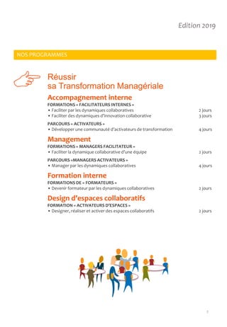 7
Edition 2019
Réussir
sa Transformation Managériale
NOS PROGRAMMES
Accompagnement interne
FORMATIONS « FACILITATEURS INTERNES »
• Faciliter par les dynamiques collaboratives 2 jours
• Faciliter des dynamiques d’innovation collaborative 3 jours
PARCOURS « ACTIVATEURS »
• Développer une communauté d’activateurs de transformation 4 jours
Management
FORMATIONS « MANAGERS FACILITATEUR »
• Faciliter la dynamique collaborative d’une équipe 2 jours
PARCOURS «MANAGERS ACTIVATEURS »
• Manager par les dynamiques collaboratives 4 jours
Formation interne
FORMATIONS DE « FORMATEURS »
• Devenir formateur par les dynamiques collaboratives 2 jours
Design d’espaces collaboratifs
FORMATION « ACTIVATEURS D’ESPACES »
• Designer, réaliser et activer des espaces collaboratifs 2 jours
Edition 2019
 