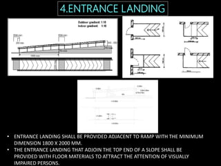 • ENTRANCE LANDING SHALL BE PROVIDED ADJACENT TO RAMP WITH THE MINIMUM
DIMENSION 1800 X 2000 MM.
• THE ENTRANCE LANDING THAT ADJOIN THE TOP END OF A SLOPE SHALL BE
PROVIDED WITH FLOOR MATERIALS TO ATTRACT THE ATTENTION OF VISUALLY
IMPAIRED PERSONS.
4.ENTRANCE LANDING
 