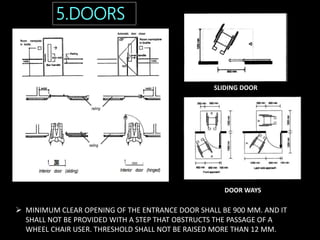  MINIMUM CLEAR OPENING OF THE ENTRANCE DOOR SHALL BE 900 MM. AND IT
SHALL NOT BE PROVIDED WITH A STEP THAT OBSTRUCTS THE PASSAGE OF A
WHEEL CHAIR USER. THRESHOLD SHALL NOT BE RAISED MORE THAN 12 MM.
5.DOORS
DOOR WAYS
SLIDING DOOR
 