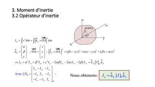 3. Moment d’inertie
3.2 Opérateur d’inertie
 
2
2
2
2 2 2
2 2 2
0A
; OA ; ( ) ( ) ( )
2 2 2
e [c:
.
]v
i
xx yy zz xy xz yz O
xx xy xz
xy yy yz
xz yz
I r dm u OA dm
x
u y u OA z y z x x y
z
I I I I I I I u I u
I I I
I I I I
I I

      

     
 
 
  
  
   
   
           
   
   
       
 
  
 
 
uuurr
uuur uuurr r
r r
:
zzI

 
 
 
 
 
𝐴(𝑑𝑚)
)
0Nous obtenons: .[ ]I u I u  
r r
 