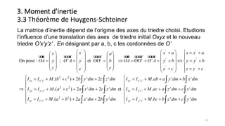 13
La matrice d’inertie dépend de l’origrne des axes du triedre choisi. Etudions
l’influence d’une translation des axes de triedre initial Oxyz et le nouveau
triedre O’x’y’z’ . En désignant par a, b, c les cordonnées de O’
3. Moment d’inertie
3.3 Théorème de Huygens-Schteiner
' ' '
' ' '
' ' '
2 2
' '
On pose : ; ' et OO' OO' '
.( ) 2 ' 2xx x x
x x a x x ax a
OA y O A y b OA O A y b y y b
z cz z c z z c
I I M b c b y dm c
         
       
                 
                    
    


uuur uuuur uuuur uuur uuuur uuuur
' '
2 2
' ' ' '
2 2
' ' ' '
' . ' '
.( ) 2 ' 2 ' et . ' '
.( ) 2 ' 2 ' . ' '
xy x y
yy y y xz x z
zz z z yz y z
z dm I I M ab a y dm b x dm
I I M a c a x dm c z dm I I M ac a z dm c x dm
I I M a b a x dm b y dm I I M bc b z dm c y dm
     
 
 
         
 
         
 
  
   
   
 