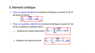 17
5. Moment cinétique
• Pour un point matériel: le moment cinétique en point O de 
du point A s’écrit:
/O AOA m  
uuur rr
v
• Pour un système matériel: le moment cinétique en point O de
 d’un système matériel s’écrit :
O i i i
i
OA m  
uuur rr
v
( )O Am
OA dm  
uuur rr
vii. Système de masse continue
i. Système de masse discontinue
 