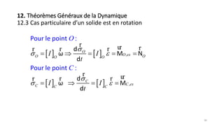    
   
,
,
:
:
Pour le point
Pour le point
d
ω M N
d
d
ω M
d
O
O exO OO O
C
C exC C C
I I
t
I I
t
O
C

 

 
    
   
r ur rr rr
r urr rr
30
12. Théorèmes Généraux de la Dynamique
12.3 Cas particulaire d’un solide est en rotation
 