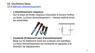 57
• L'amortissement visqueux:
Sur la base de fluide visqueux s'écoulant à travers l'orifice
ou fente. La force d'amortissement  vitesse relative entre
les extrémités

• Coulomb (frottement sec) d'amortissement:
Basé sur le frottement entre les surfaces non lubrifiées
La force d'amortissement est constante et opposée à la
direction de déplacement
17. Oscillations libres
17.5 élément d’amortissement
 