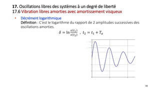 • Décrément logarithmique
Définition : C’est le logarithme du rapport de 2 amplitudes successives des
oscillations amorties.
𝛿 = ln
𝑥 𝑡1
𝑥 𝑡2
, 𝑡2 = 𝑡1 + 𝑇𝑎
64
-3
-2
-1
0
1
2
3
0 2 4 6
t1
t2
x1
x2
d
17. Oscillations libres des systèmes à un degré de liberté
17.6 Vibration libres amorties avec amortissement visqueux
 